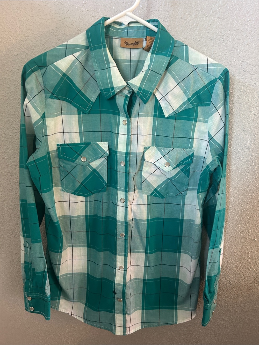Wrangler Teal and White Plaid Western-Style Pearl-snap Button-Down